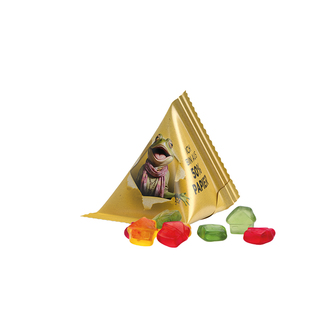 Fruchtgummi Tetraeder, Papierfolie weiß, Trolli Fruchtgummi Haus