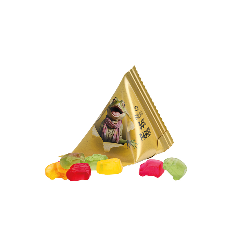 Fruchtgummi Tetraeder, Papierfolie weiß, Trolli Fruchtgummi Auto-Mischung