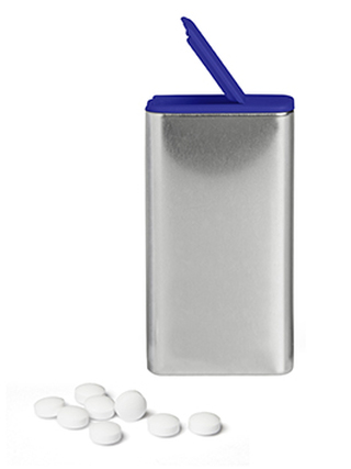 FlipTin 20 g zuckerhaltige Pfefferminztabletten Dose: blank, Deckel: blau-transparent