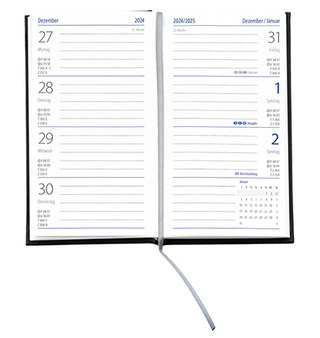Taschenkalender "Klassik" im Format 8,7 x 15,3 cm, deutsches Kalendarium Grau/Blau mit Leseband, 128 Seiten Fadenheftung, Einband Slinky mittelblau