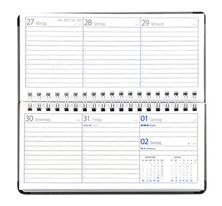Taschenkalender "Horizontal" im Format 17 x 8 cm, deutsches Kalendarium Grau/Blau, 144 Seiten, Wire-O-Bindung, Eckenperforation, Deckelpaar Balacron burgund