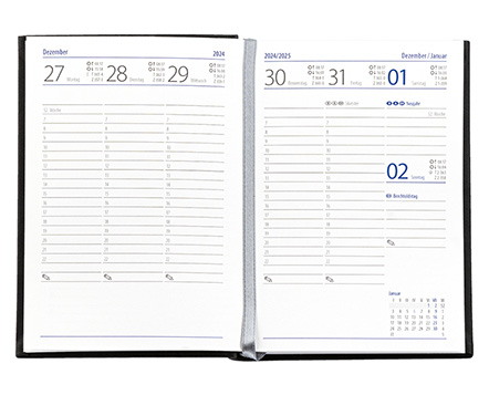 Taschenkalender "Taschenbuch Woche" im Format 10,5 x 14,8 cm, deutsches Kalendarium Grau/Blau mit Leseband, 144 Seiten Fadenheftung, Einband Fashion mittelgrau