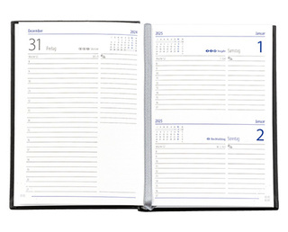 Taschenkalender "Taschenbuch Tag" im Format 10,5 x 14,8 cm, deutsches Kalendarium Grau/Blau mit Leseband, 352 Seiten Fadenheftung, Eckenperforation, Einband Fashion mittelgrau
