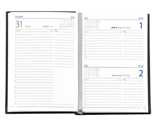 Taschenkalender "Taschenbuch Tag" im Format 10,5 x 14,8 cm, deutsches Kalendarium Grau/Blau mit Leseband, 352 Seiten Fadenheftung, Eckenperforation, Einband Fashion rot