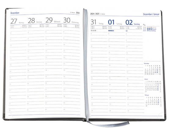 Wochenkalender "Klassik D" im Format 14,5 x 20,5 cm, deutsches Kalendarium Grau/Blau mit Leseband, 144 Seiten Fadenheftung, Eckenperforation, Einband Fashion mittelgrau
