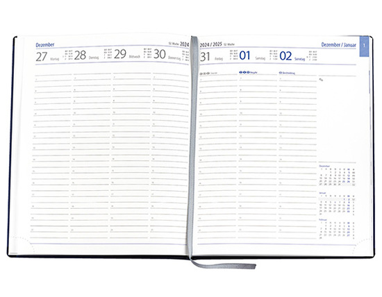 Wochenkalender "Manager D" im Format 21 x 26 cm, deutsches Kalendarium Grau/Blau mit Leseband, 144 Seiten Fadenheftung, Eckenperforation, Grafikeinband