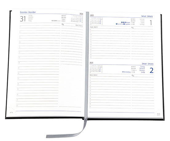 Buchkalender "Trend Chefkalender INT" im Format 14,5 x 20,5 cm, Kalendarium 4-sprachig D/F/I/GB Grau/Blau mit Leseband, 352 Seiten Fadenheftung, Eckenperforation, Einband Balacron weiß