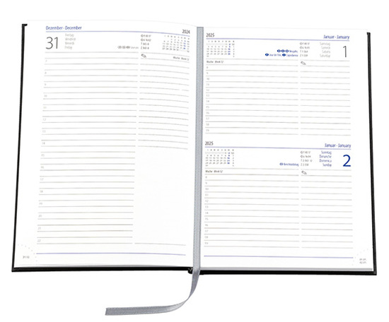 Buchkalender "Trend Chefkalender INT" im Format 14,5 x 20,5 cm, Kalendarium 4-sprachig D/F/I/GB Grau/Blau mit Leseband, 352 Seiten Fadenheftung, Eckenperforation, Einband Balacron weiß