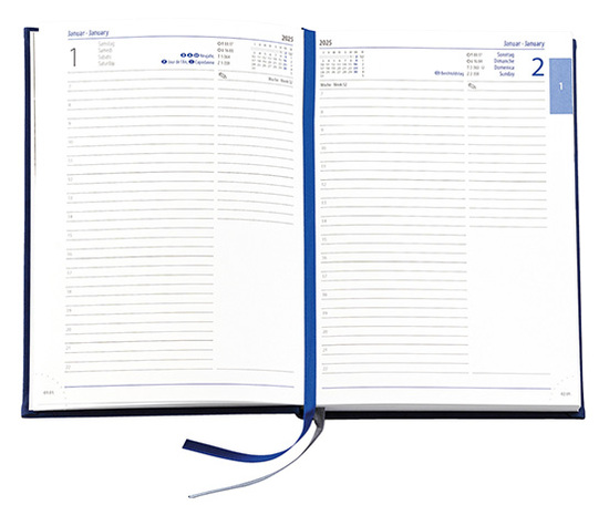 Buchkalender "Daily Chefkalender INT" im Format 14,5 x 20,5 cm, Kalendarium 4-sprachig D/F/I/GB Grau/Blau mit 2 Lesebändern, 416 Seiten Fadenheftung, Eckenperforation, Einband Magic hellbraun