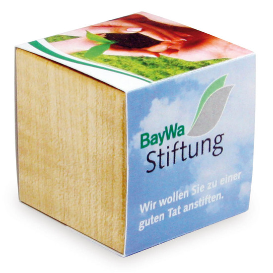 Pflanz-Holz mit Samen (Graspapier-Banderole) - Kräutermischung, 1 Seite gelasert