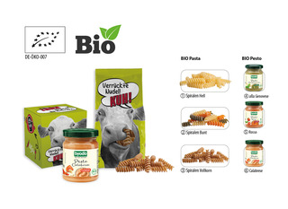 BIO Pesto im Werbekarton, Inhalt: Bio Pesto Rosso, vegan