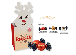 Weihnachtspralinés in Motivkartonage "Rentier", Inhalt: Pralinen Milchschokolade mit Cappuccinocremefüllung ca. 75 g